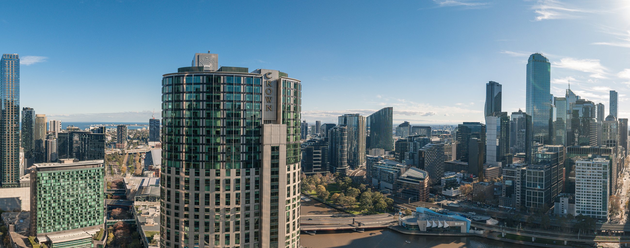 The view west from Level 38 of THE ONE: Crown, the Yarra and the CBD